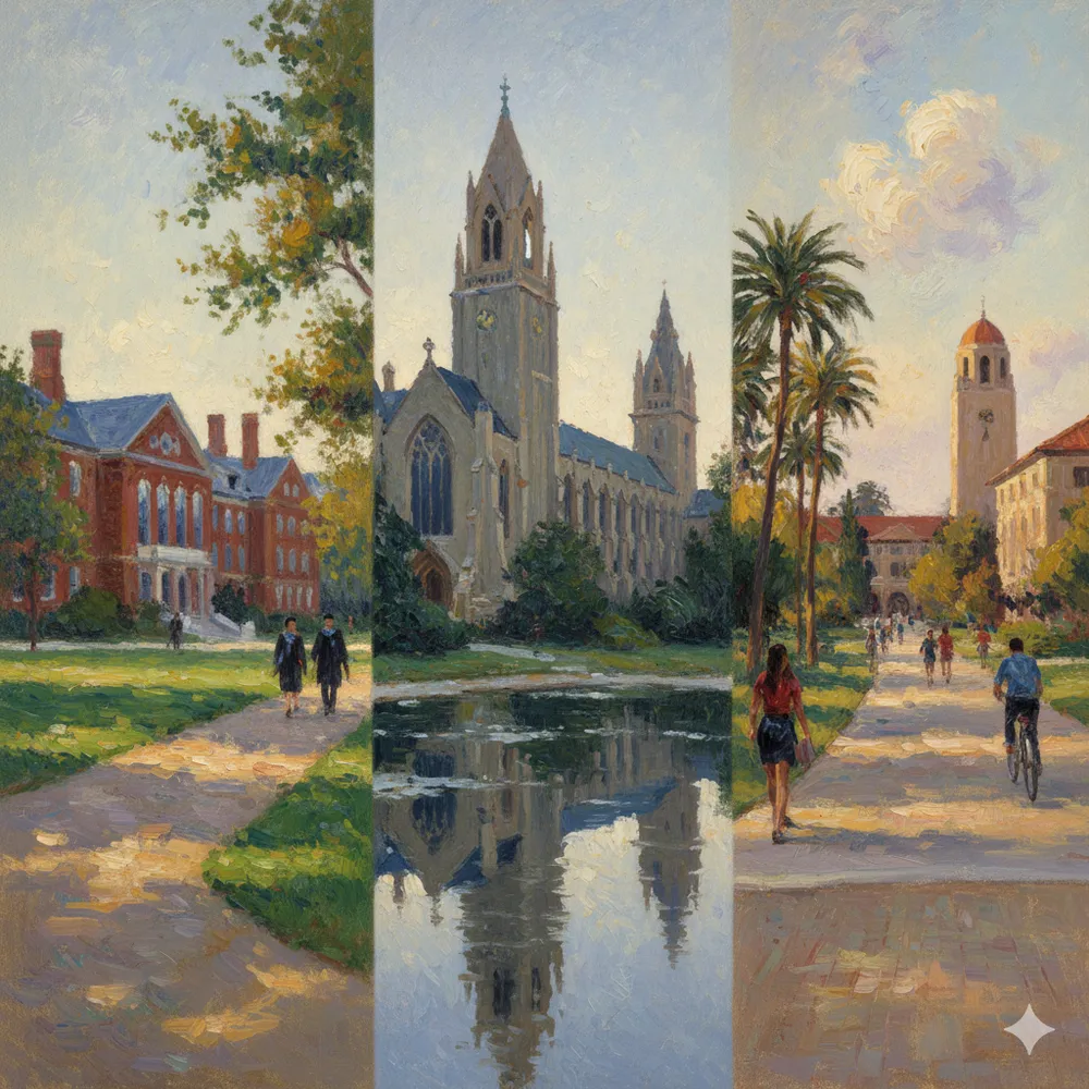 Harvard, Yale, and Stanford's university campi